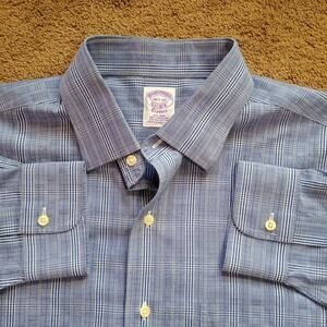 Brooks Brothers Dress Shirt 16.5 32/33 Supima Cotton Blue Plaid Business Casual